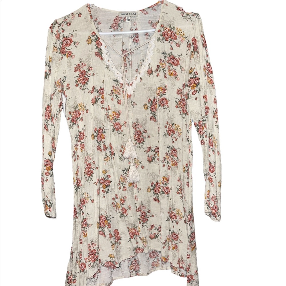 Tassels N Lace Floral Boho Tunic dress Cream Rose Print